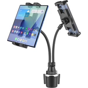 Dual Cup Holder Tablet Car Mount for 4.7"-13" Phone & iPad - Gooseneck Double Tablets Mount for Truck, Cup Car Tablet Holder Stand Compatible with iPad Pro/Air/Mini, Galaxy Tabs, iPhone