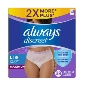 Always Discreet Adult Incontinence Underwear for Women and Postpartum Underwear, Large, Up to 100% Bladder Leak Protection, 38 Count, Size 14-20, L