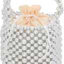 white pearl Women Beaded crossbody purse Evening Bucket Handmade Bags with DustBag for Wedding Party banquet (Soft Silver)