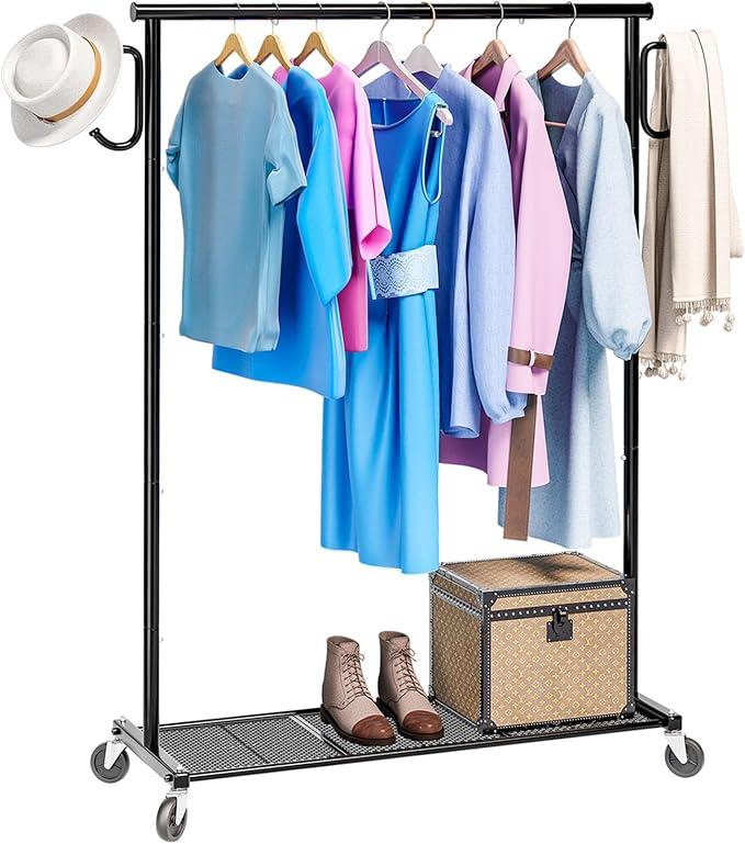 Clothing Clothes Rack on Wheels, Heavy Duty Portable Wardrobe for Hanging Clothes, Garment Rack with Bottom Mesh Shelf and 2 Hooks, Black