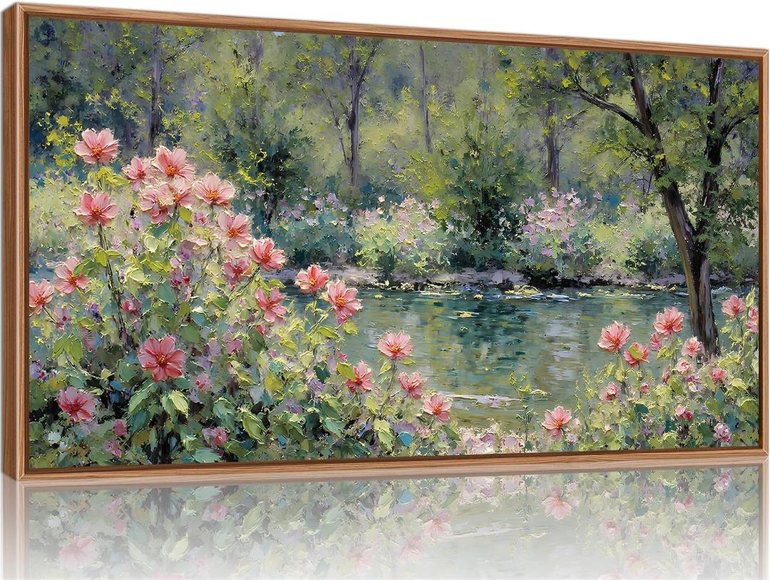 YeeHomedec Monet Botanical Framed Canvas Wall Art, Impressionist Floral Garden Wall Decor, Vintage Pond Tree Artwork, Nature Landscape Art Paintings for Living Room Bedroom Bathroom 20"x40"