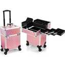 Rolling Makeup Case Extra Large Makeup Train Case 4 Tray with Sliding Rail Removable Layer Cosmetology Case on Wheels for Makeup Artists Nail Art Salon Barber Trunk Traveling Storage Pink