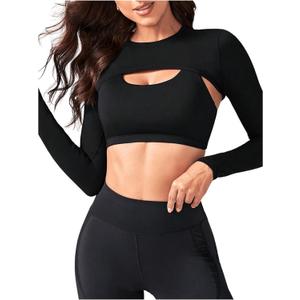 SweatyRocks Women's Ultrashort Cutout Workout Crop Top Exercise Long Sleeve Tee Shirt (Black, S)
