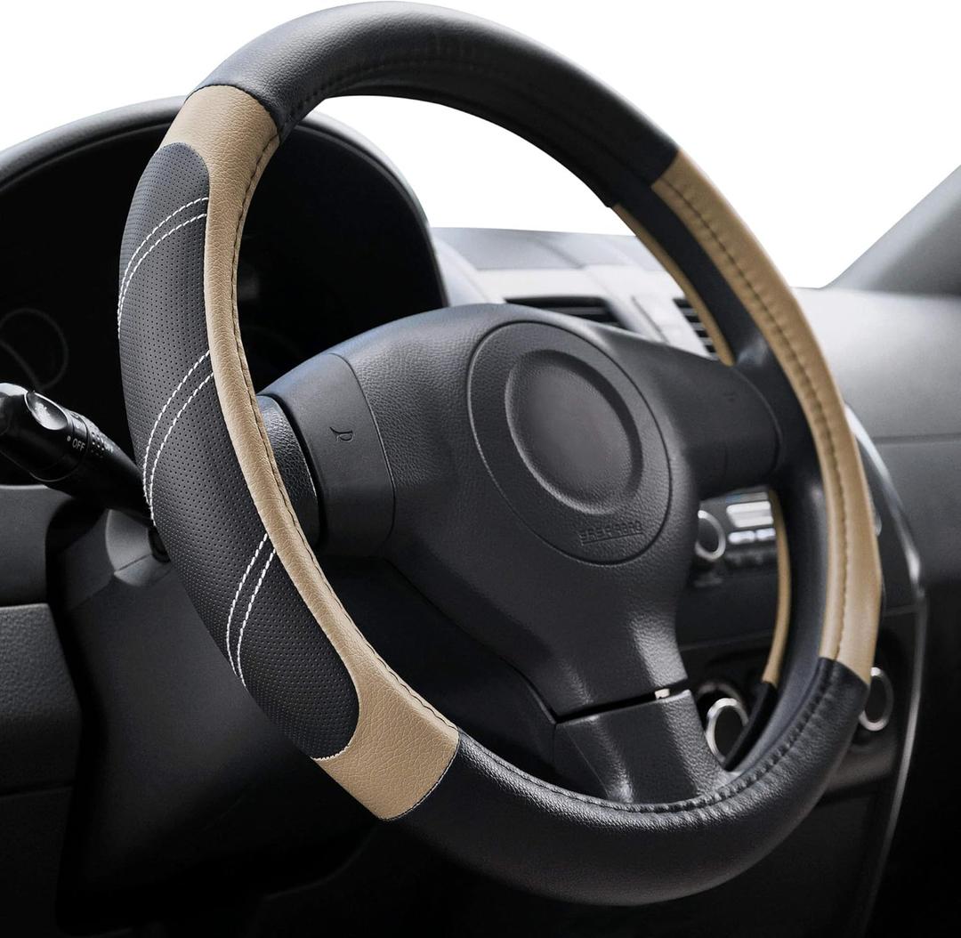 Elantrip Steering Wheel Cover Leather 15 1/2 to 16 inch Universal Large Soft Grip Breathable for Car Truck SUV Jeep Anti Slip Beige (Black and Beige)