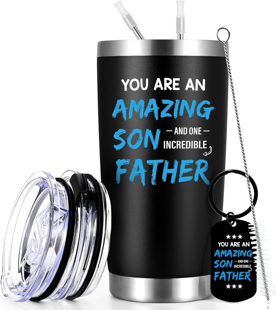 Qtencas Father's Day Gifts for Son, You Are an Amazing Son And One Incredible Dad Stainless Steel Travel Tumbler, Funny Father's Day Christmas Birthday Gifts, 20 Oz Black