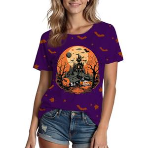 Halloween Shirts for Women: Castle Pumpkin Pattern Halloween Party Short Sleeve Costumes Crewneck T-Shirt (Purple, M)
