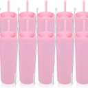 Volhoply 16oz Plastic Skinny Tumbler With Lid and Straw Bulk 10 Pack,Insulated Double Wall BPA Free Matte Acrylic Tumblers,Iced Coffee Travel Mug Reusable Party Cup,Customizable Diy Gifts(Pink,10 Set)