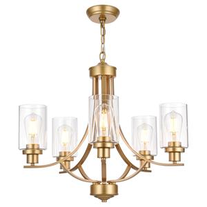 MELUCEE Gold Chandelier for Dining Room 5 Light with Clear Glass Shade