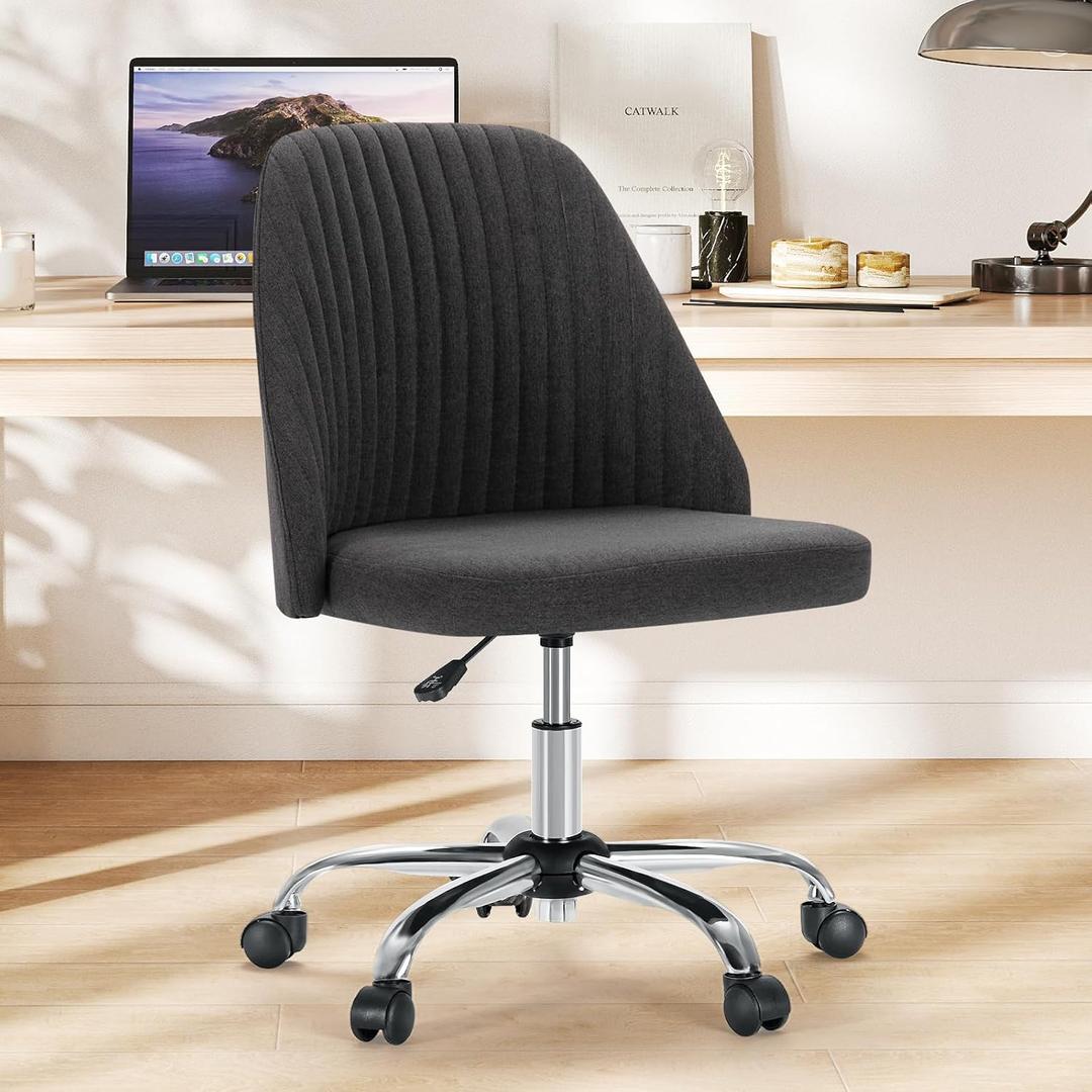 Sweetcrispy Armless Vanity Chair, Cute Comfy Home Office Desk Chair with Wheels, Modern Upholstered Task Computer Seat for Bedroom, Study, Makeup Vanity, Height Adjustable & Swivel, Drak Gray