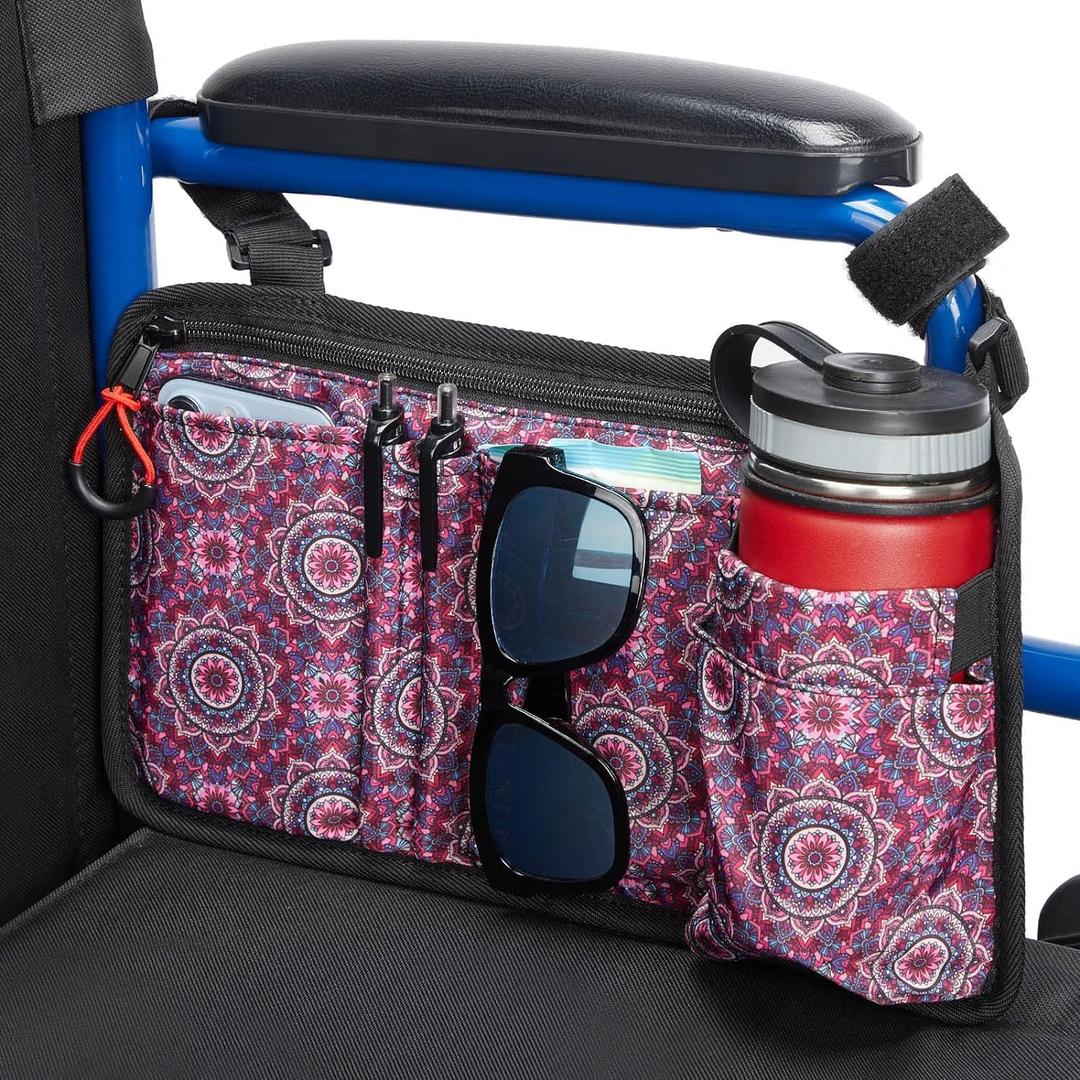 Wheelchair Side Bag with Cup Holder, Wheelchair Armrest Pouch Accessories for Walker, Rollator, Electric Scooter Wheelchairs, Ideal Gift for Mother's Day & Father's Day (Red)