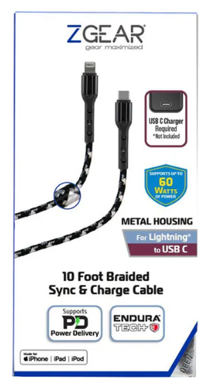 Zgear MFi Lightning/C Fast Charge Braided Cable with EnduraTech 10ft
