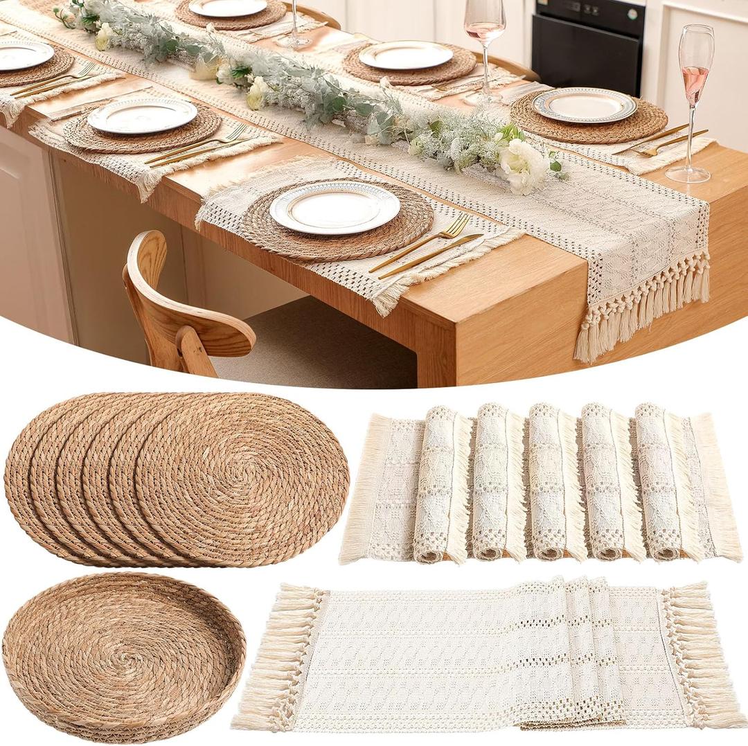 Boho Placemats 4/6/8 Set of Round Woven Placemat Macrame Style Bicolor Stitching Long Table Runner Farmhouse Rustic Natural Burlap Cotton for Kitchen Dining Table(6 Sets,Beige,12x72)