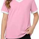 Poroka Girls Short Sleeve Shirt V-Neck Tee with Ribbed Trim Plain T-Shirts Soft Fashion Summer Tops for Girls, 9-10 Years Pink
