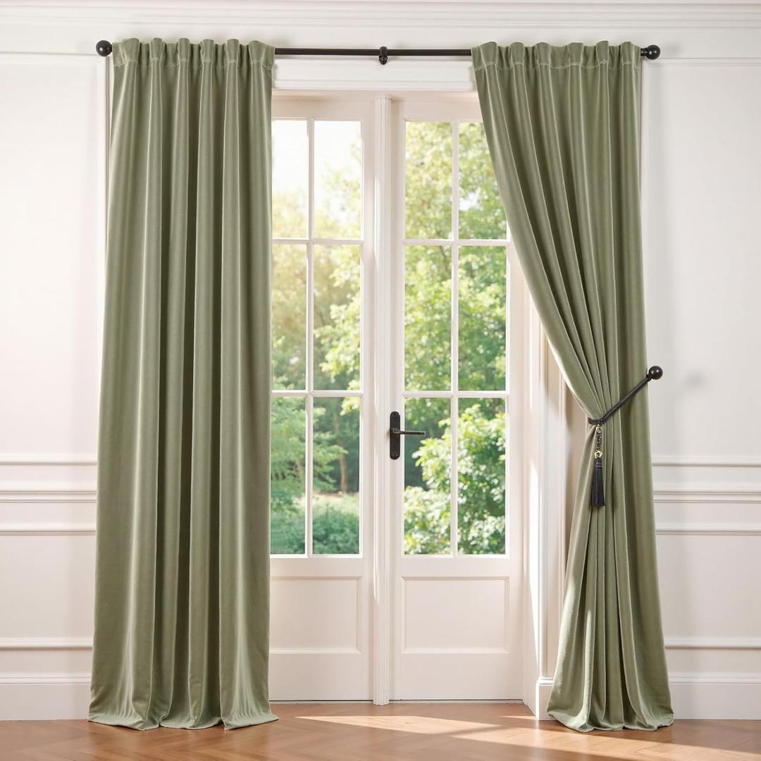Lazzzy Velvet Blackout Curtains Thermal Insulated Room Window Drapes Super Soft Luxury Curtains for Living Room Bedroom Rod Pocket 2 Panels, Olive Sage, 52" W x 84" L