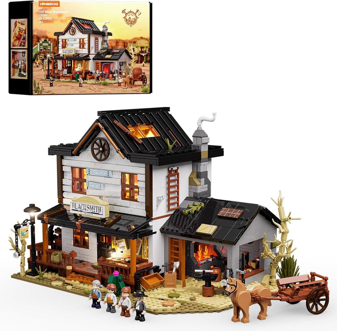 Wild West Blacksmith Lighting Building-Bricks Set - Western Forge House 2042 Pcs Collection Display Set for West Lovers