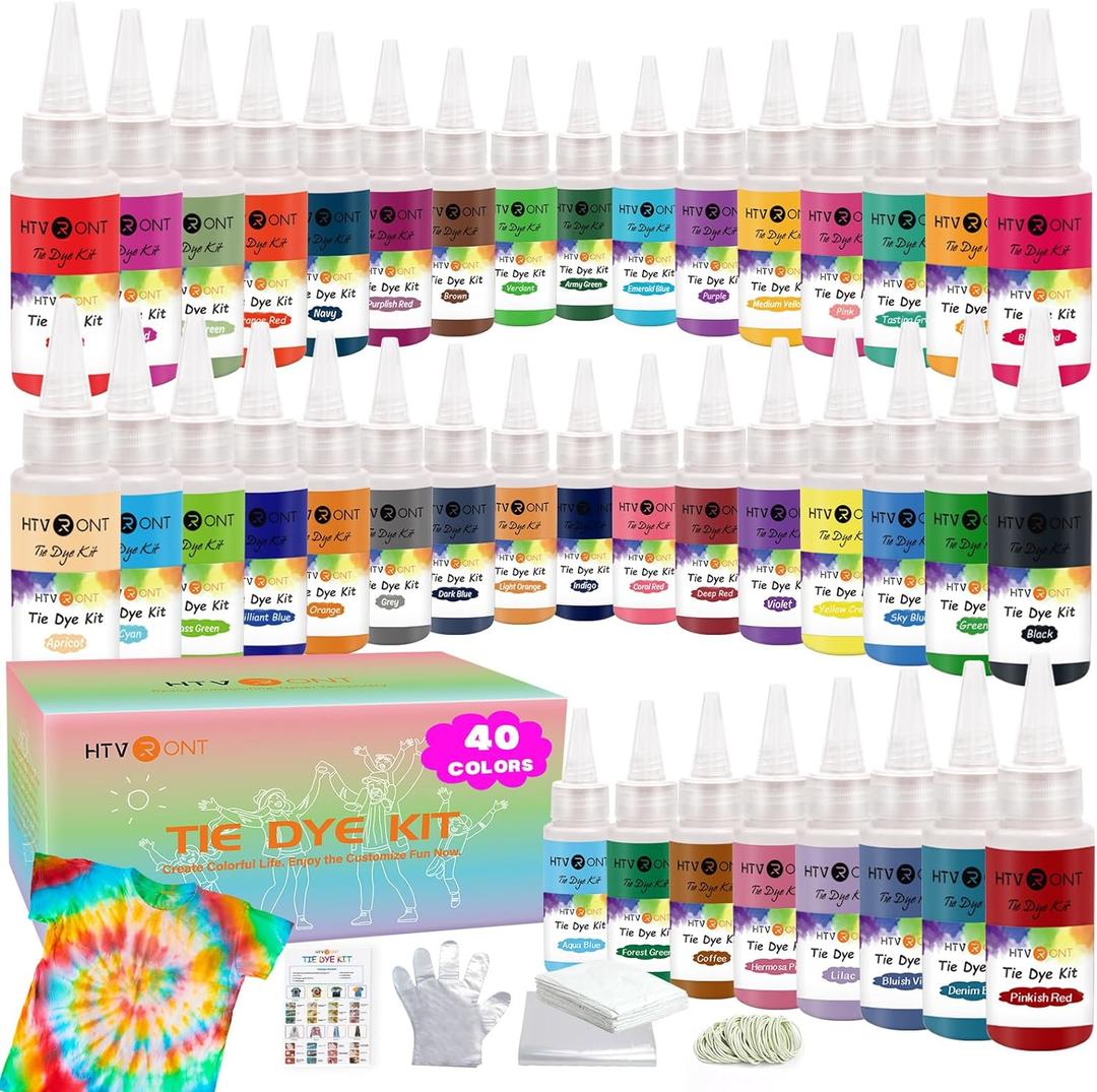 HTVRONT Tie Dye Kit - 40 Vibrant Colors Pre-Filled Bottles Tye dye Kit for Kids and Large Groups, Permanent Tie Dye Kits for Adults Tyedyedye Party Supplies Tye dye Kit to Go(Just Add Water)