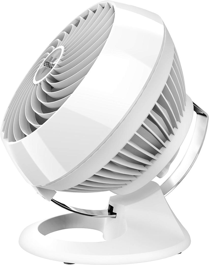 Vornado 460 Small Desk Fan with 3 Speed Settings, Adjustable Tilt Chrome Glide Bar, for Bedroom, Office, Home, Air Circulation up to 70 Feet, Quiet Table Fan, White