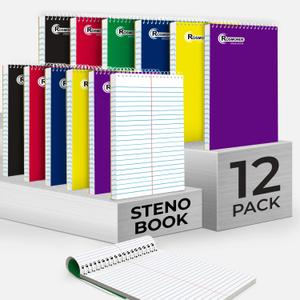 Rosmonde Steno Pads Spiral 6x9 12 Pack, Gregg Ruled Steno Pad, Assorted Colors, 80 Sheets (160 Pages) Long Lasting, Bulk B2B Value Pack, Bulk Steno Notebooks Top Spiral Steno Book for Office & Home