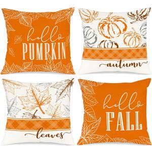 Ywlake 16x16 Fall Pillow Covers Set of 4, Hello Pumpkin Decorative Holiday 16 x 16 Autumn Cushion Covers Thanksgiving Pillow Case for Indoor Home Bedroom Couch Sofa Decor Orange