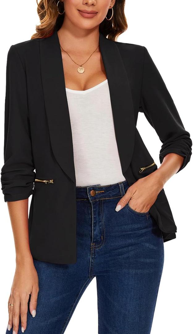 MINTLIMIT Women's Casual Blazer 3/4 Ruched Sleeve Open Front Cardigan Work Office Blazers Suit Jackets with Zipper Pockets (X-Large, Black)