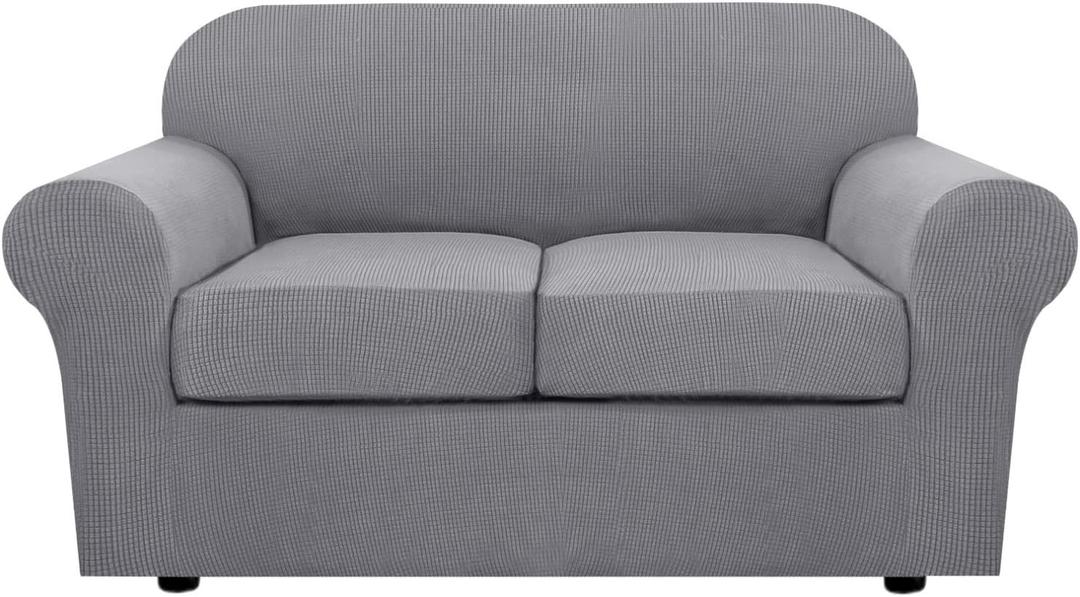 H.VERSAILTEX 3 Piece Stretch Sofa Covers for 2 Cushion Loveseat Couch Covers for Living Room Sofa Slipcovers (Base Cover Plus 2 Seat Cushion Covers) Thicker Jacquard Fabric(Medium Sofa, Dove)