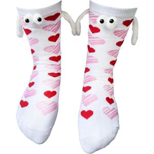 Pingyongchang Valentine's Socks for Women 3D Eyes and Magnetic Holding Hands Funny Novelty Love Heart Lips Socks (White)
