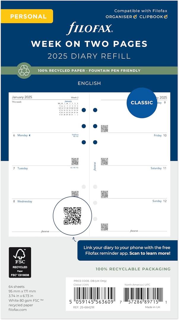 Filofax Calendar Diary Refill, Personal/Compact Size, Week-to-View, White Paper, Unruled, English, 2025 (C68421-25)