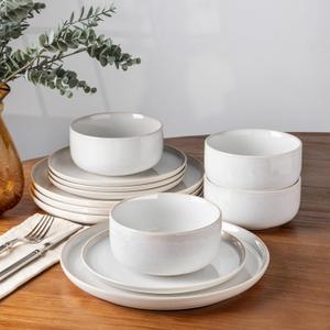 TheTerra Ceramic Dinnerware Sets for 4, 12 Pieces Handmade Reactive Glaze Plates and Bowls Set, Scratch Resistant Dish Set, Oven & Microwave & Dishwasher Safe, Star White TheTerra Ceramic Dinnerware Sets for 4, 12 Pieces Handmade Reactive Glaze Plates and Bowls Set, Scratch Resistant Dish Set, Oven & Microwave & Dishwasher Safe, Star White