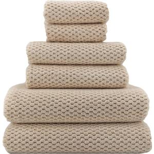 YTYC 29x59 Inch Bath Towels Set of 6 Large, Super Soft Absorbent Lint Free Microfiber Shower Towels for Bathroom 80% Polyester (Beige,6 Piece)