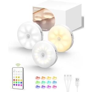 EZVALO Under Cabinet Lighting, 1000mAh Rechargeable Puck Lights with Remote, 3 Color Temps & 12 RGB Motion Sensor Closet Lights, Dimmable Under Cabinet Lights for Kitchen, Cabinets, Closet (3 Packs)