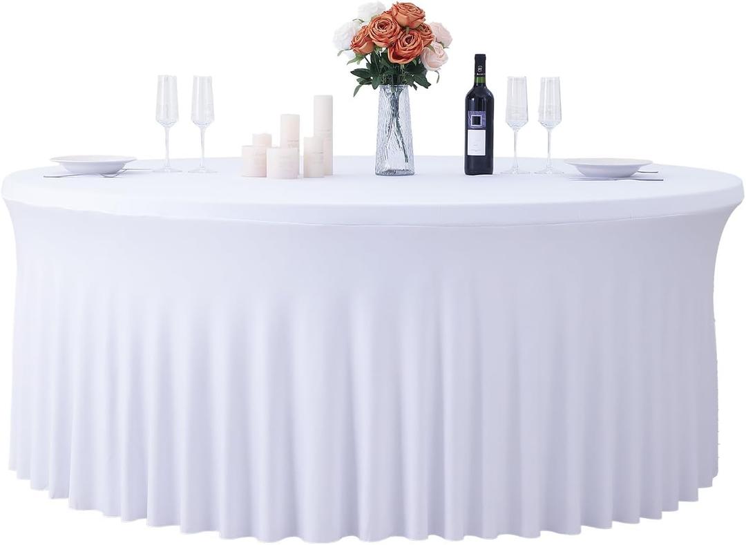 GALLETY White Table Cloth for 5FT Round Tables, Fitted Spandex 120 inch Round Tablecloth, Wrinkle Free White Table Skirt for Receptions Birthday Holiday Dinner Banquet Engagement Party Decoration