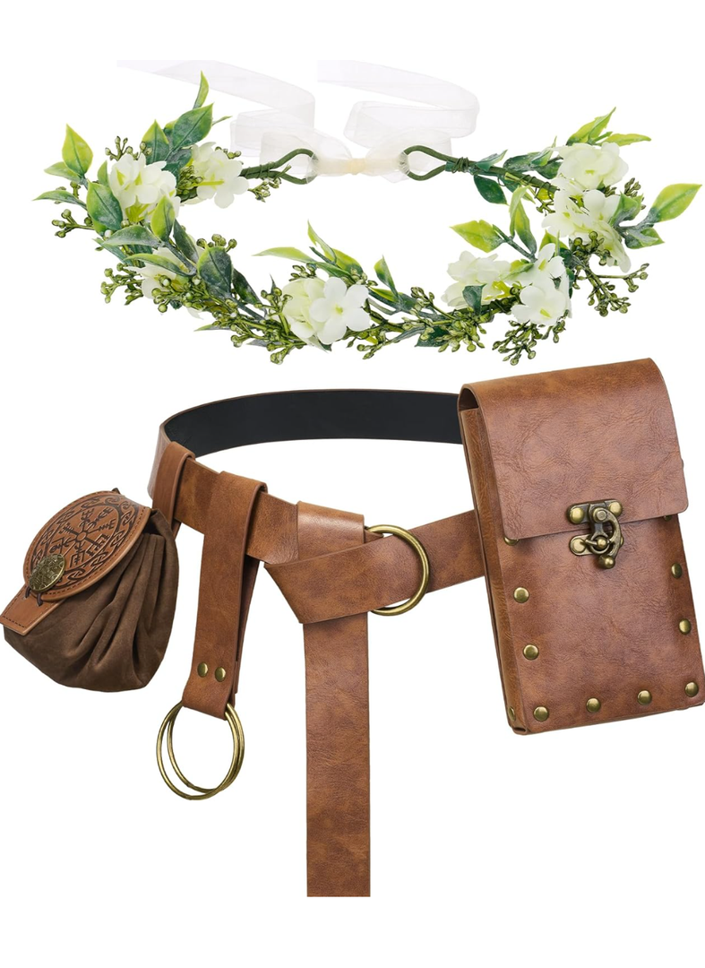 YESSA Renaissance Accessories,Medieval Viking Leather Belt Pouch Coin Phone Purse,Ren Faire Headpiece Halloween Cosplay Set