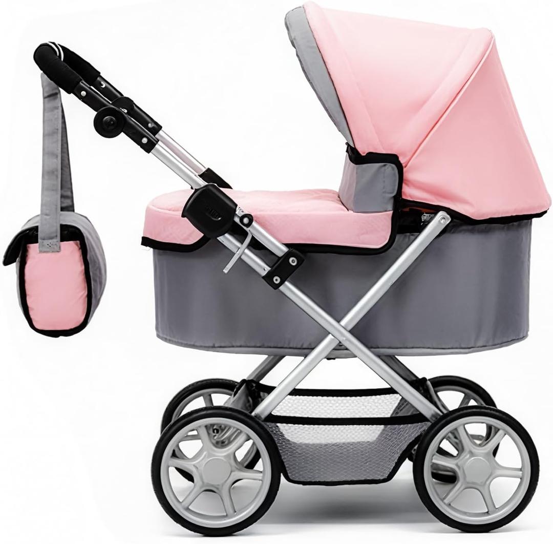 iCradle Baby Doll Stroller, Pink and Gray Foldable Pram with Adjustable Hood, Storage Basket and Shoulder Bag, Lightweight Buggy for Dolls Up to 22 Inches, Girls Age 3+, Standard