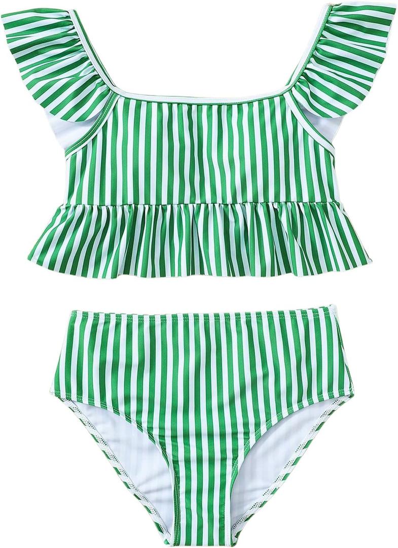 Floerns Girl's 2 Piece Swimsuits Striped Ruffle Hem High Waisted Bathing Suit (Green, 11-12Y)