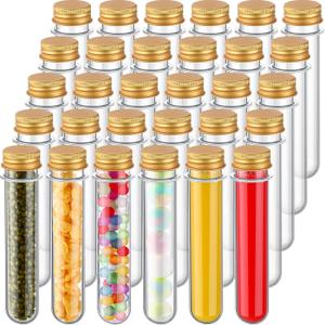 Dandat 50 Pcs 40 ml Clear Plastic Test Tubes with Screw Lids 1.1 x 5.5 Inch Halloween Candy Tubes Sample Powder Storage Container for Scientific Experiments Themed Birthday Party Supplies(Gold)