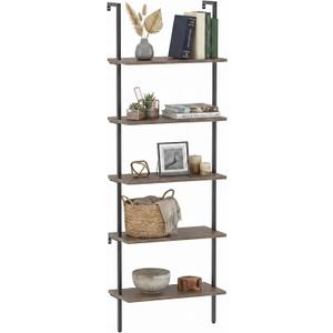 Wolawu 5 Tiers Ladder Shelf Brown Modern Bookshelf Open Tall Wall Mount Bookcase Standing Leaning Wall Shelves Industrial Decorative Living Room Bed Room