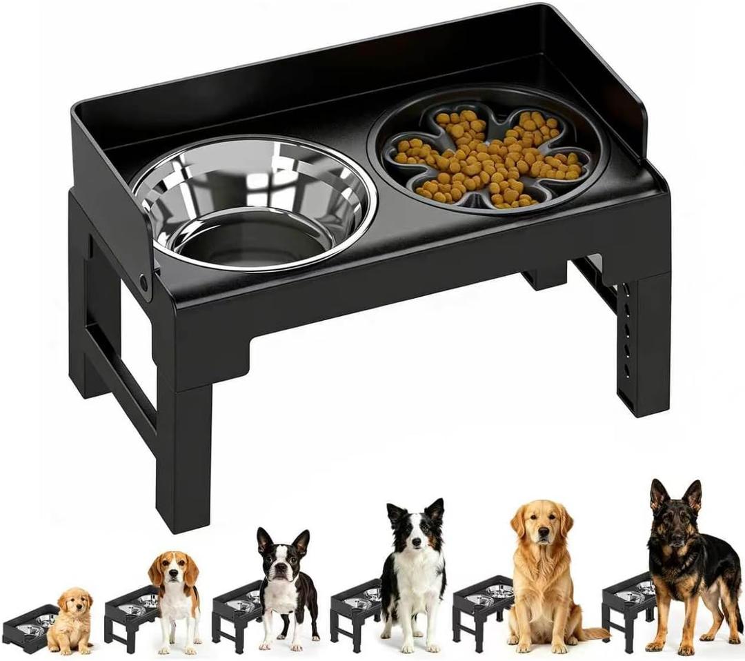 PAKEWAY Elevated Dog Bowls, Spill Proof, Tiltable Pet Feeder with 1 Slow Feeder Bowl &1 Stainless Steel Bowl, 6 Height Adjustable Raised Dog Bowls Stand for Medium Large Dogs