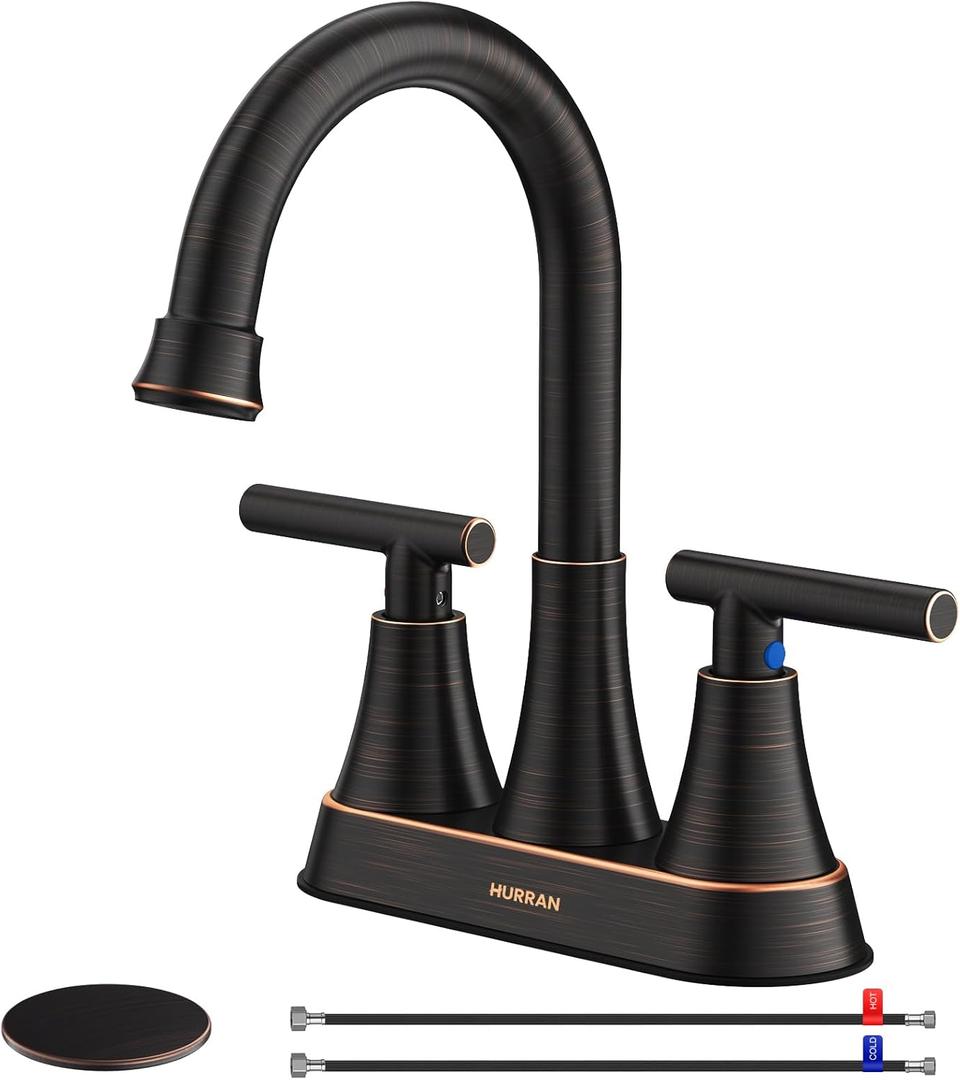 Bathroom Faucets for Sink 3 Hole, Hurran 4 inch Oil Rubbed Bronze Bathroom Sink Faucet with Pop-up Drain and Supply Hoses, Stainless Steel Lead-Free Centerset Faucets for Bathroom Sink Vanity RV