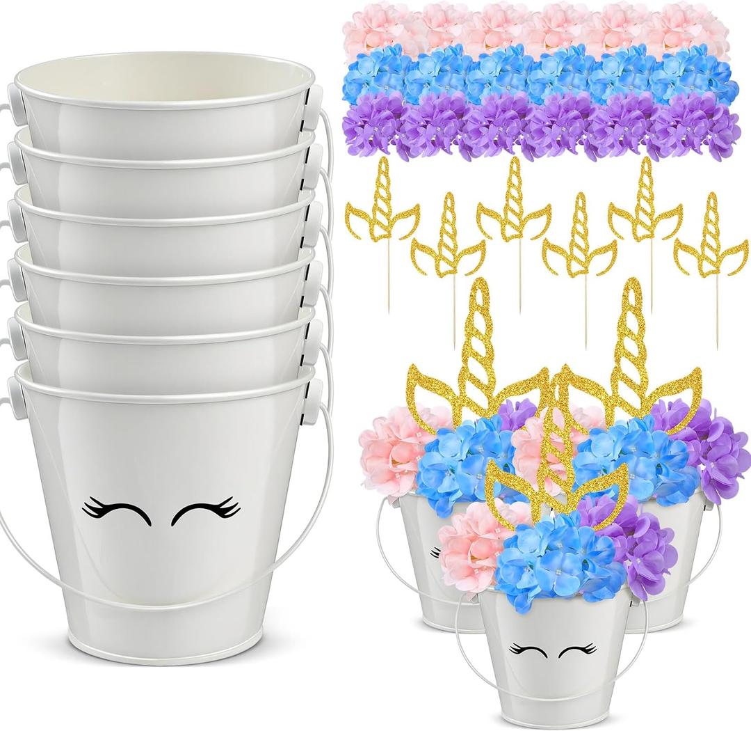 30 Pcs Unicorn Party Table Centerpiece Decorations Include Hydrangea Unicorn Horn Toppers and Metal Buckets for Unicorn Birthday Party Baby Shower Supplies