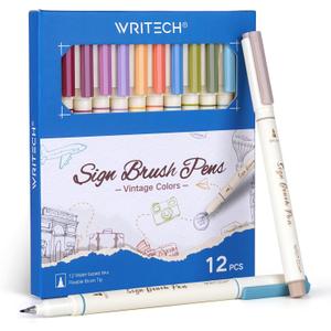 WRITECH Arts Sign Brush Pen Brush Tip Marker Felt Tip Water Based Ink Color Pens 12 Assorted Vintage Colors Great for Lettering Journaling Calligraphy (Vintage)