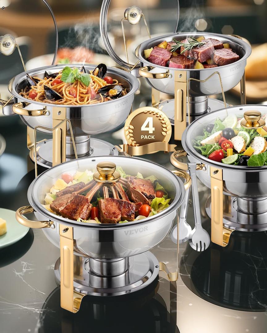 VEVOR Chafing Dish Buffet Set, 5 Qt 4 Pack, Stainless Steel Chafer with 4 Full Size Pan, Round Catering Warmer Server with Glass Lid Water Pan Folding Stand Fuel Holder, for Wedding Banquet, Gold