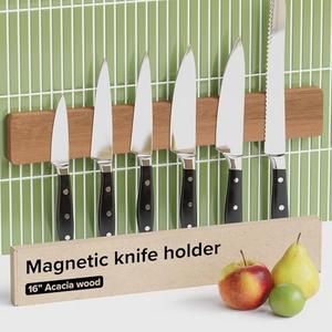 Wooden Knife Magnetic Strip 16" Acacia Wood Natural Beech – Magnetic Knife Holder for Wall no Screws – Kitchen Utensil Holder, Knife Bar, Knife Rack, Kitchen Organizer and Tool Holder