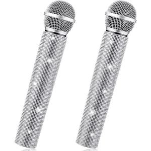 Threan 2 Pcs Fake Microphone Prop Sparkly Glitter Rhinestone Bedazzled Pretend Plastic Play Microphone Toy Mic for Cosplay Party Costume(Silver)