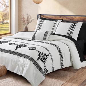 MaiRêve Embroidery Comforter Set King Size 7 Pieces, Boho Farmhouse Western Bedding All Season Bed in A Bag, White Black King Comforter Set with Sheets, Pillowcases & Shams