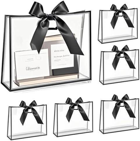 ZJHiome 16pcs Large Clear Gift Bags with Handles,Reusable PVC Gift Bag with Ribbon Bow for Graduation Christmas Easter Wedding Baby Shower Birthday Party Small Business (Black)