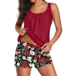 Aqua Eve Two Piece Women's Tankini Swimsuits Blouson Swim Tank Top with Shorts Modest Bathing Suits Red flower & Black XXL
