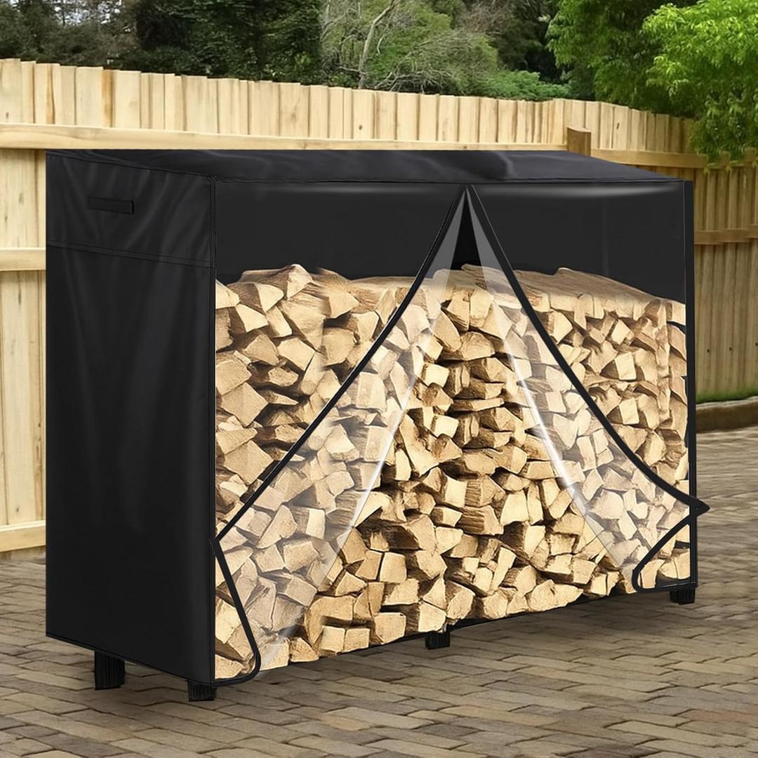 Peryiter 4 ft Waterproof Firewood Rack Cover with Clear Window Heavy Duty 600d Oxford Windproof Outdoor Wood Pile Storage Cover with Zipper and Openable Clear Front Flap, Log Rack Not Included