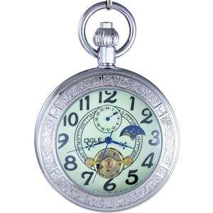 OGLE Waterproof Luminous Magnifier Tourbillon Moon Sun Chain Fob Self Wind Automatic Mechanical Pocket Watch