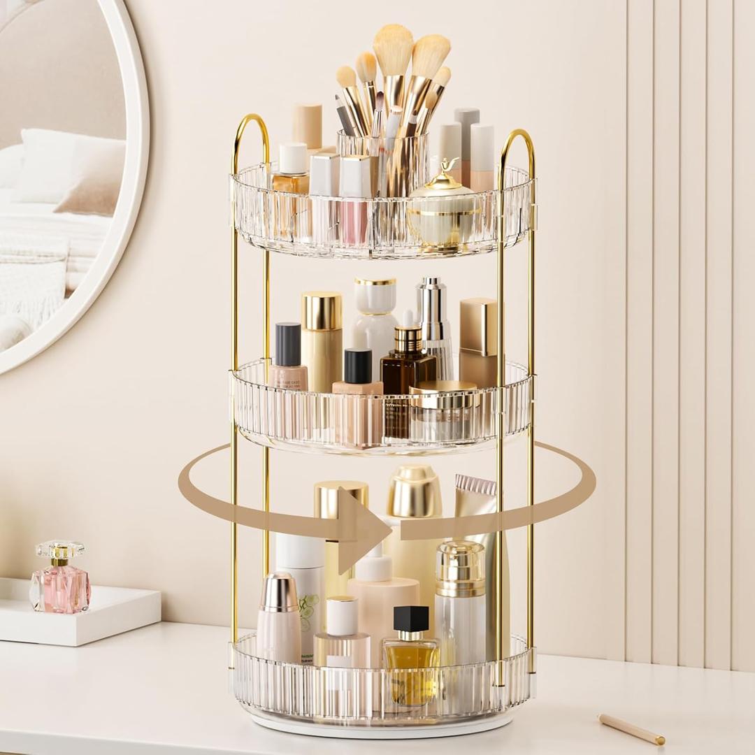 360 Rotating Makeup Organizer, Upgraded 3 Tier Skincare Perfume Organizers for Women, Bathroom Organizer Countertop, Clear Cosmetic Dresser Organizer with Makeup Brush Holder, Sink&Counte (Clear)