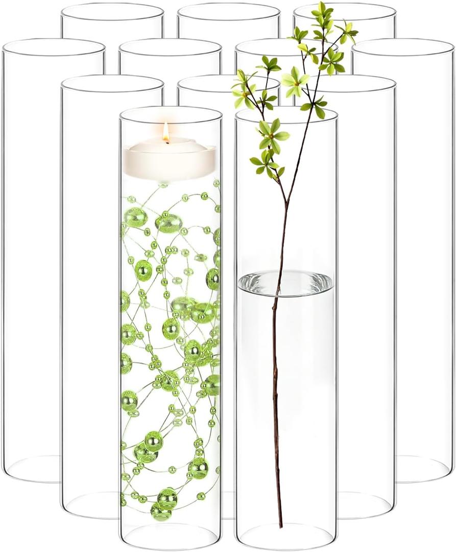 12 Pack Glass Cylinder Vases for Flower 16 Inch Tall Clear Centerpieces Bulk Vase Hurricane Floating Candle Holder for Table Home Decoration Wedding Holiday Floral Shelf Party Dining Decor